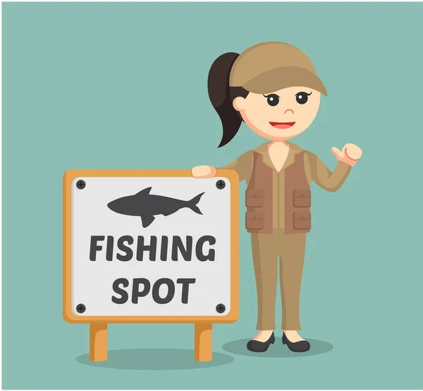 Fisher žena stojící vedle rybářské místo znamení — Stockový vektor