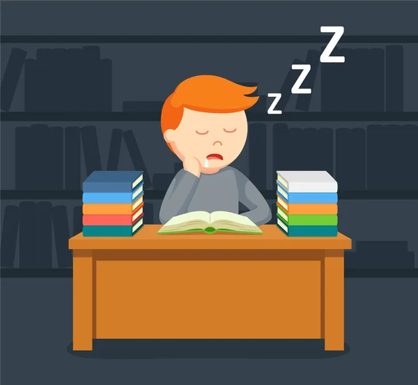 Estudiante masculino durmiendo mientras lee libro — Vector de stock