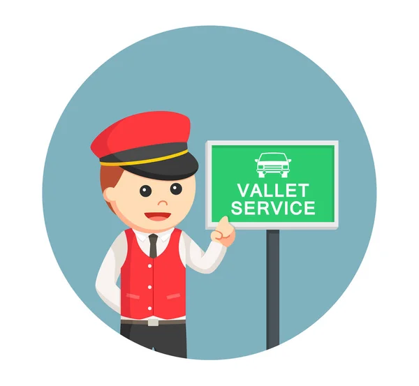 Male valet with valet service sign in circle background — Stock Vector