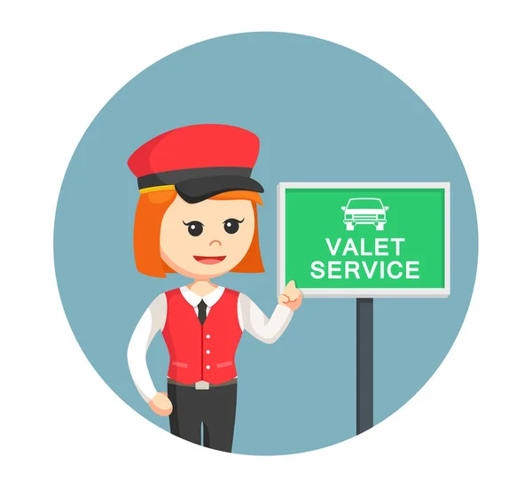 Female valet with valet service sign in circle background — Stock Vector