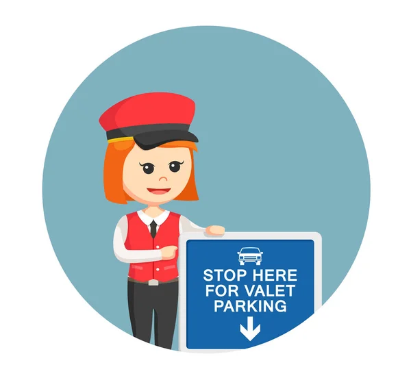 Female valet standing beside sign in circle background — Stock Vector