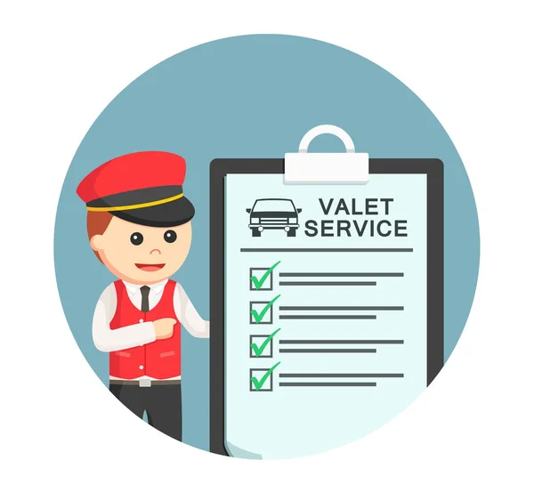 Male valet with valet services clipboard in circle background — Stock Vector