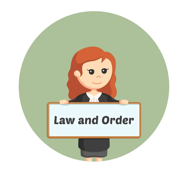 Juge femme avec la loi et l'ordre panneau signe en arrière-plan cercle — Image vectorielle