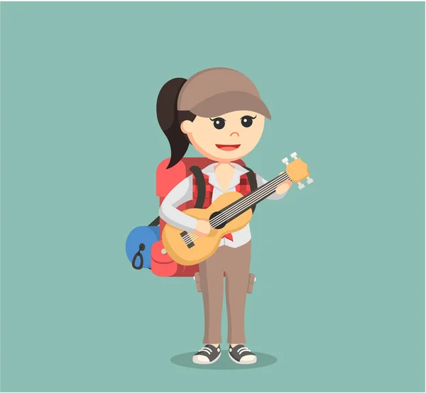 Female hiker playing guitar — Stock Vector