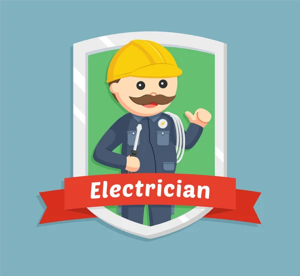 Electricista gordo en emblema — Vector de stock