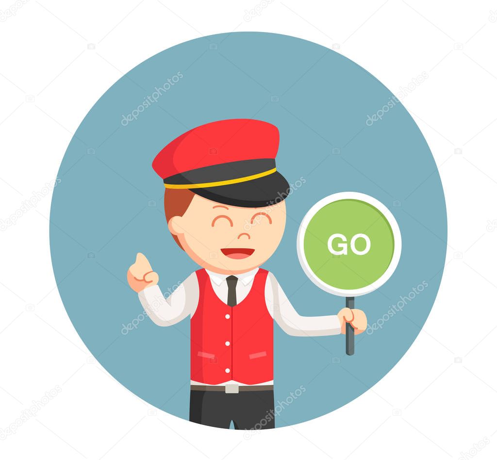 male valet with go sign in circle background