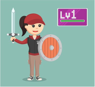 1 kadın rpg oyun holding kılıç ve kalkan düzeyi