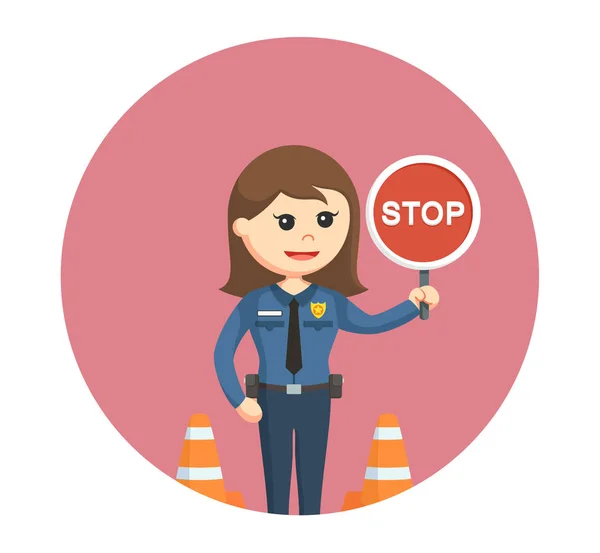 Police woman with stop sign in circle background — Stock Vector