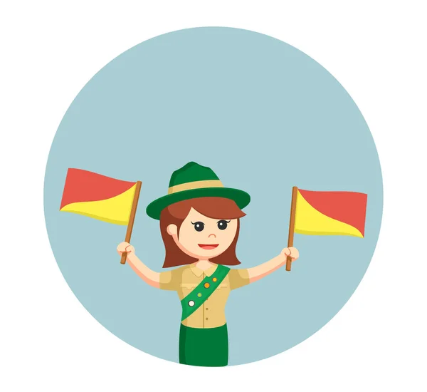 Girl scout con bandera de Singapur en el círculo de fondo — Vector de stock