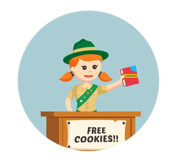 Chica scout compartir cookies gratis en el círculo de fondo — Vector de stock