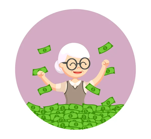 Oude vrouw genieten van haar geld van de gepensioneerden in cirkel achtergrond — Stockvector