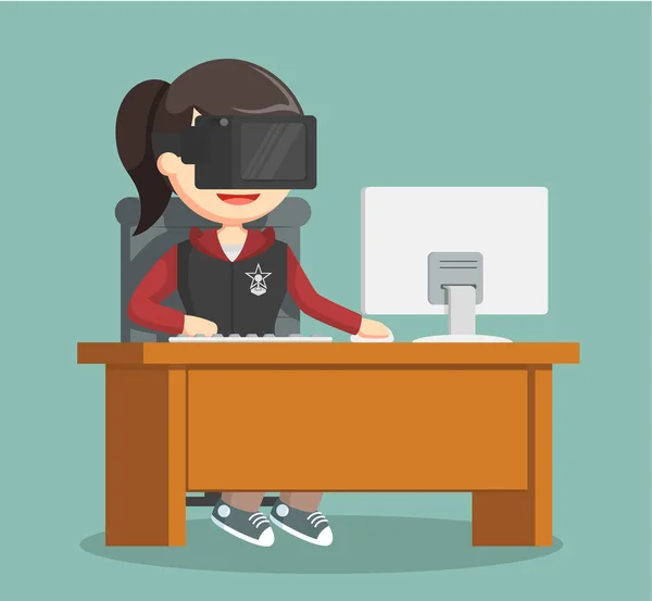 Jugador femenino jugando juego de PC con el dispositivo vr — Archivo Imágenes Vectoriales