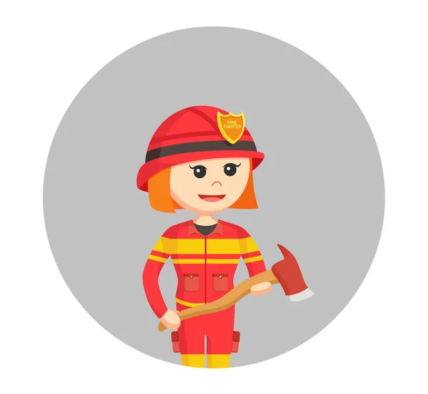 Пожежна жінка тримає сокиру на колі фоні — стоковий вектор