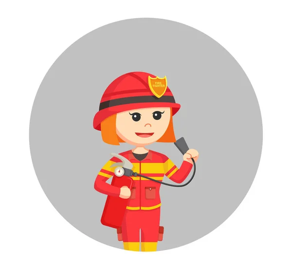 Feuerwehrfrau hält Feuerlöscher im Kreis — Stockvektor