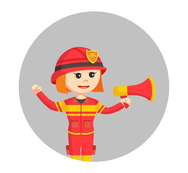 Пожарная женщина с мегафоном на фоне круга — стоковый вектор
