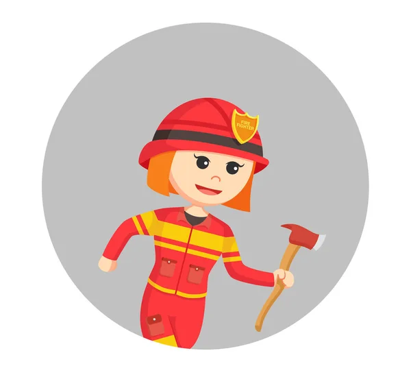 Firewoman corriendo con hacha en el círculo de fondo — Vector de stock