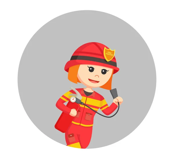 Firewoman τρέξιμο με πυροσβεστήρα στο παρασκήνιο κύκλος — Διανυσματικό Αρχείο