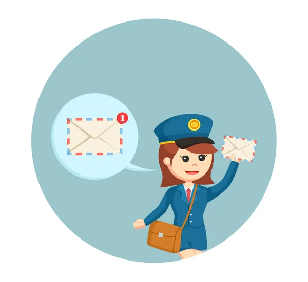 Postwoman s pošty oznámení popisek v kruhu pozadí — Stockový vektor