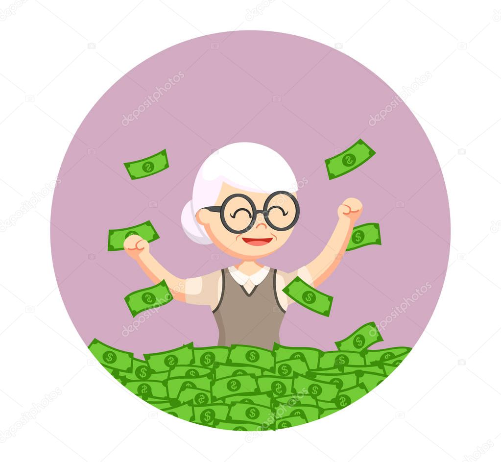 Old woman enjoying her retirees money in circle background
