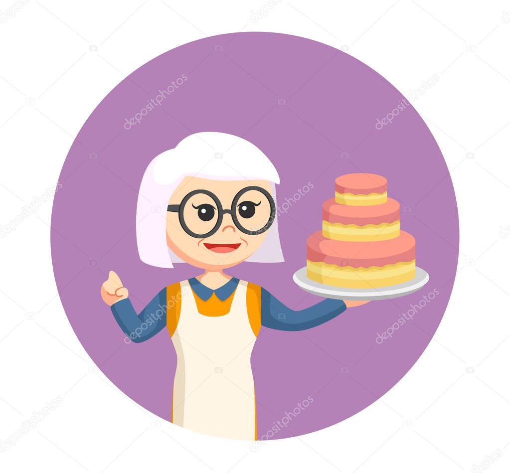 Old woman with big cake in circle background