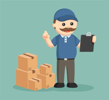 şişman teslimat adam Pano ve kutuları yığını