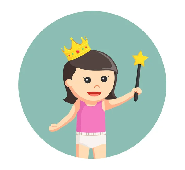 Babymeisje met kroon en sterren toverstaf in cirkel achtergrond — Stockvector