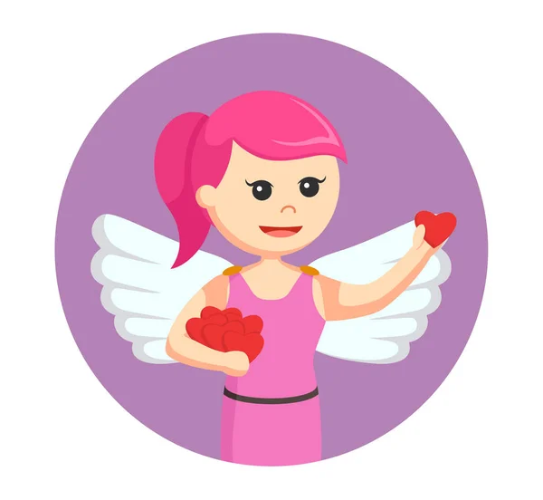 Female cupid holding love shape in circle background — Stock Vector