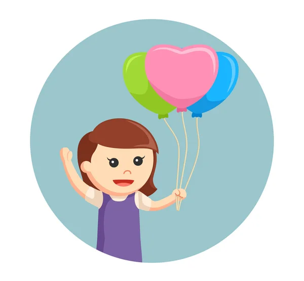 Menina com balões em forma de coração no fundo círculo — Vetor de Stock