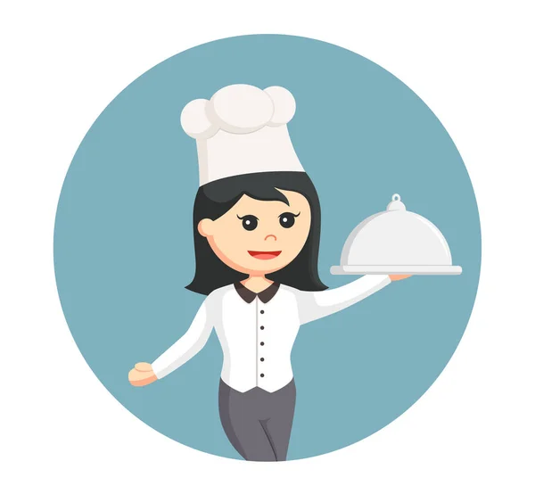 Шеф-кухарка з тарілкою на колі фоні — стоковий вектор