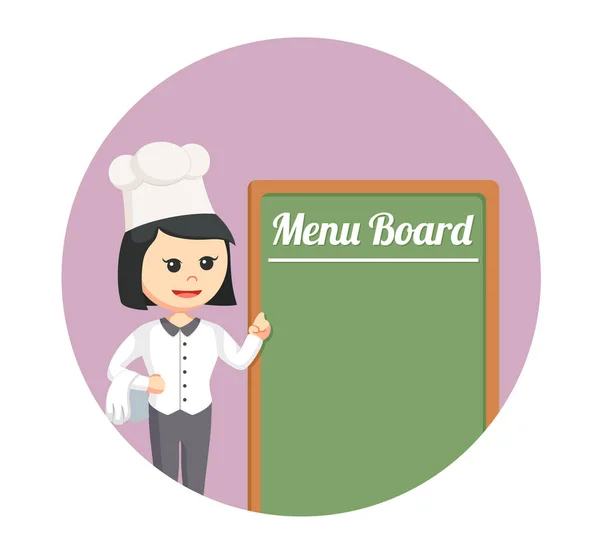 Chef femme avec tableau de menu en arrière-plan cercle — Image vectorielle