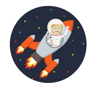 astronot kız ile roket daire arka planda uçan