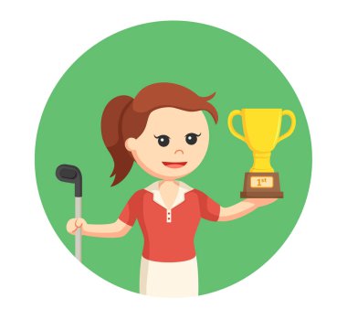 golfçü kadın daire arka planda kupa ile