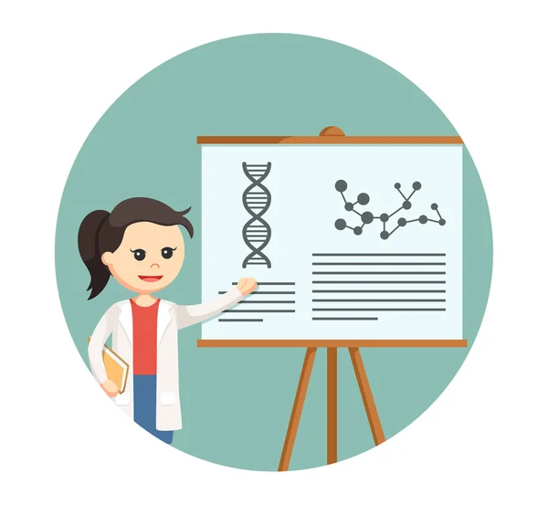 Femme scientifique donnant la présentation en arrière-plan cercle — Image vectorielle