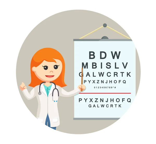 Жінка-лікар з тестуванням візуальної дошки на фоні кола — стоковий вектор