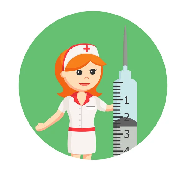 Nurse with big syringe in circle background — Stock Vector