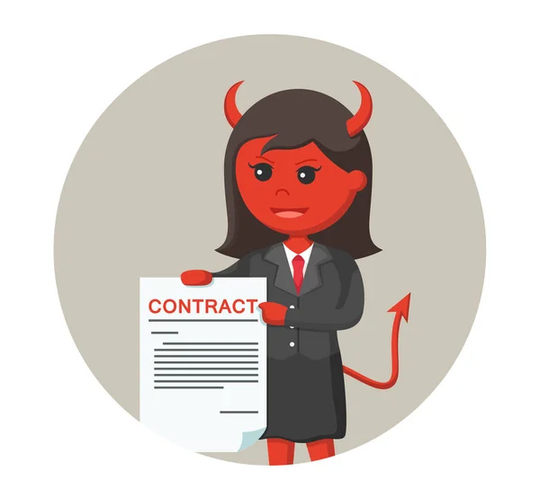Diablo mujer de negocios ofreciendo contrato en círculo fondo — Vector de stock