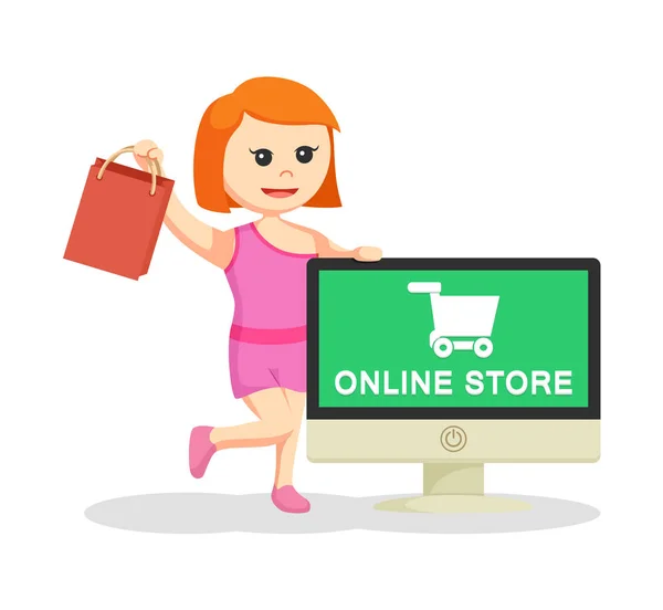 Menina com sacos de compras e loja on-line pc — Vetor de Stock