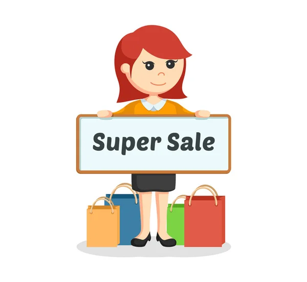 Girl with shopping bags and super sale board — Stock Vector