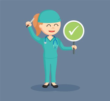 Denetim listesi işareti ile kadın cerrah başarı cerrahi gösterir