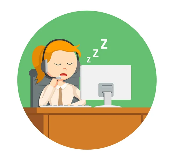 Call center woman sleeping while work in circle background — Stock Vector