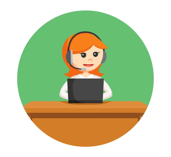 Call center mulher com laptop em círculo fundo —  Vetores de Stock