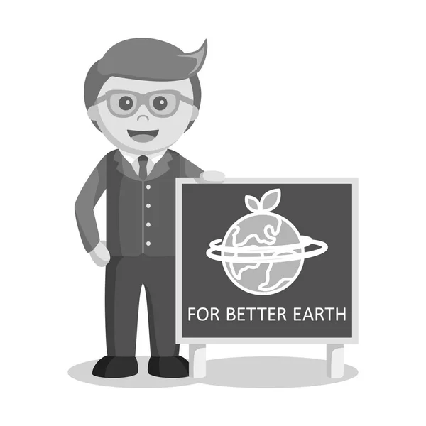 Black and white businessman and earth poster — Stock Vector