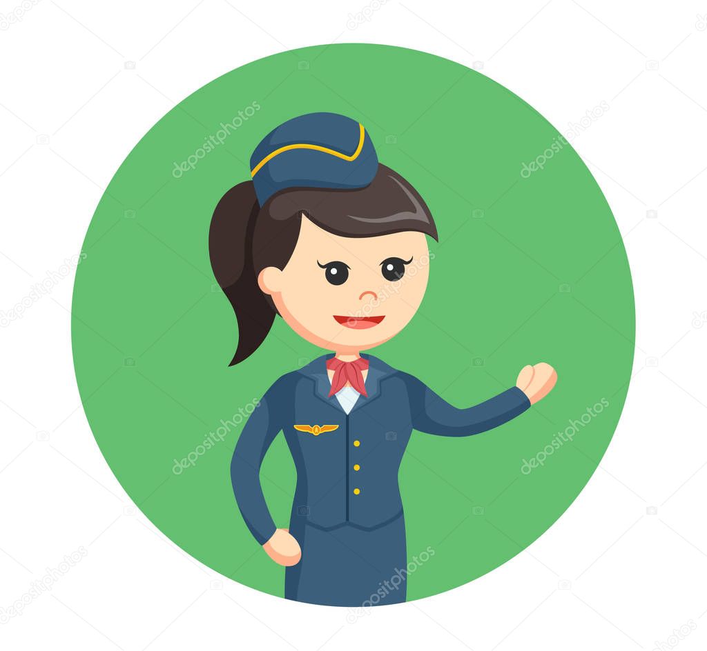 stewardess giving welcoming gesture in circle background