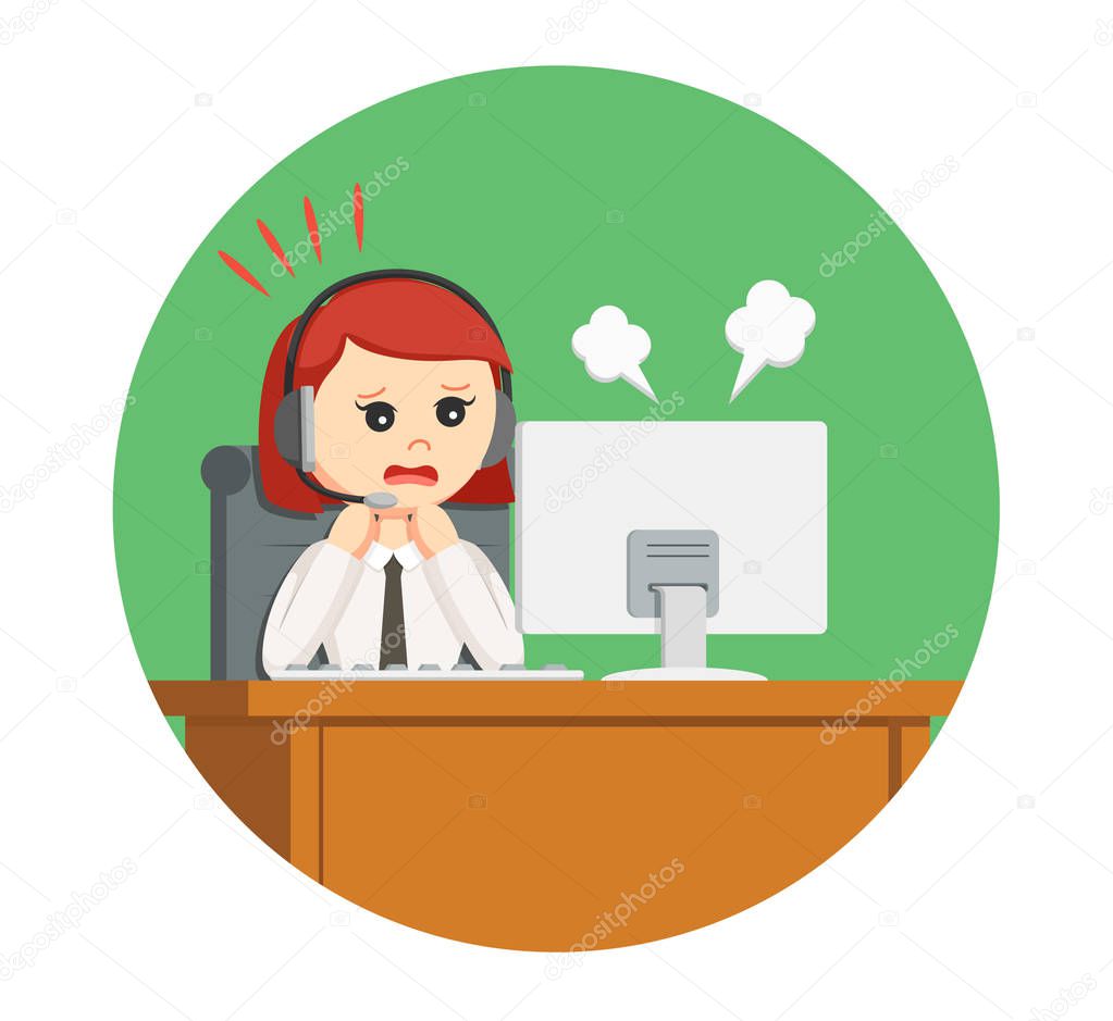 Call center woman panic while work in circle background