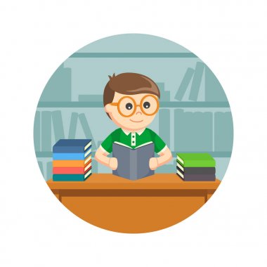 Daire arka planda kitap okurken erkek öğrenci