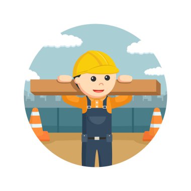 İnşaat işçisi ahşap kaldırma oturum daire arka planda