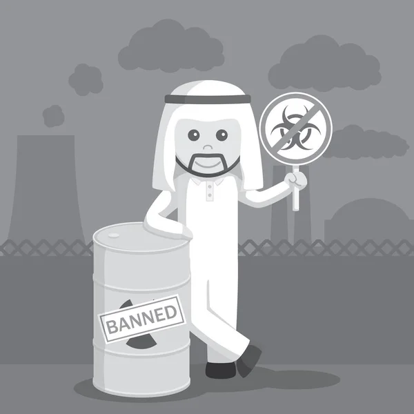 Arap işadamı yasaklamak nükleer siteleri siyah ve beyaz renk stili — Stok Vektör