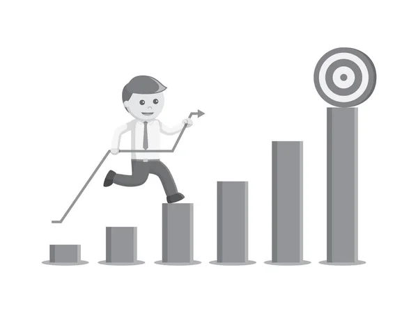 Businessman climbing a bar graph with the arrow to hit the target black and white color style — Stock Vector