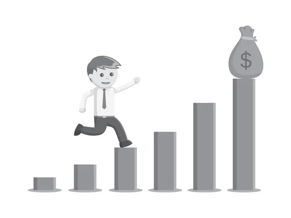 Businessman climbing a bar graph to get a money black and white color style — Stock Vector