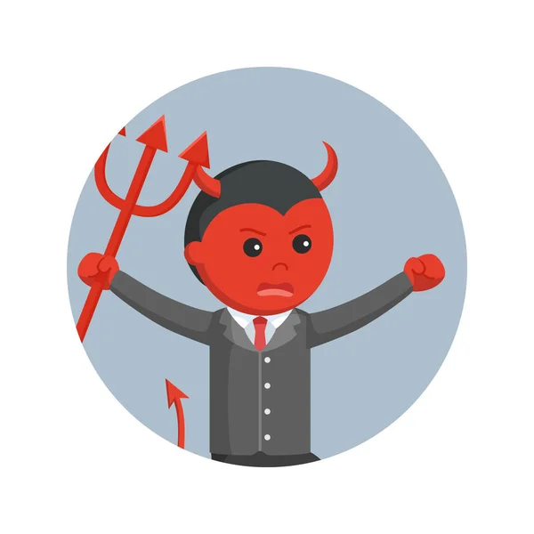 Hombre de negocios diablo corriendo enojado sosteniendo tridente en círculo fondo — Vector de stock